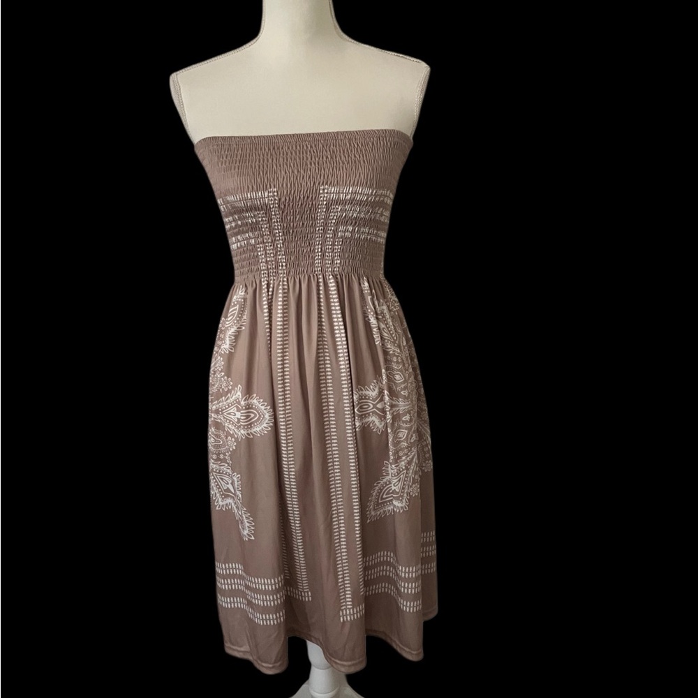 YK2 Strapless floral bohemian midi Sundress brown light/white Size:S